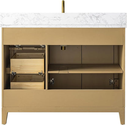 Vanity Art 42" Bathroom Vanity with Single Sink & Arabescato White Engineered Stone Top, Vanity Cabinet with Soft Closing Door, Solid Wood Frame, Golden Brushed Handles, Natural Oak VA8142-NO-GB