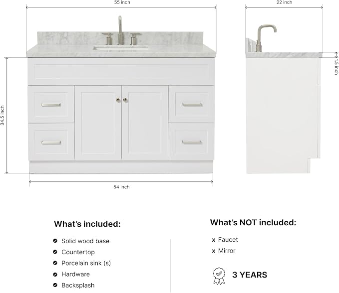 DKB Bradford 54" White Bathroom Vanity, 1.5" Edge Italian Carrara Marble Countertop, Rectangular Undermount Sink, 2 Soft Closing Doors, 4 Dovetail Drawers