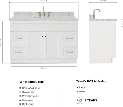 DKB Bradford 54" White Bathroom Vanity, 1.5" Edge Italian Carrara Marble Countertop, Rectangular Undermount Sink, 2 Soft Closing Doors, 4 Dovetail Drawers
