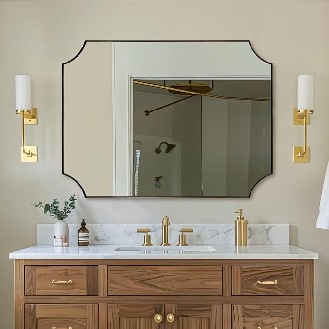 30x40 Inch Bathroom Mirror, Brushed Bronze Rectangle Scalloped Mirror, Antique Bronze Mirror with Premium Stainless Steel Metal Frame, Large Wall-Mounted Mirror (Horizontal/Vertical)