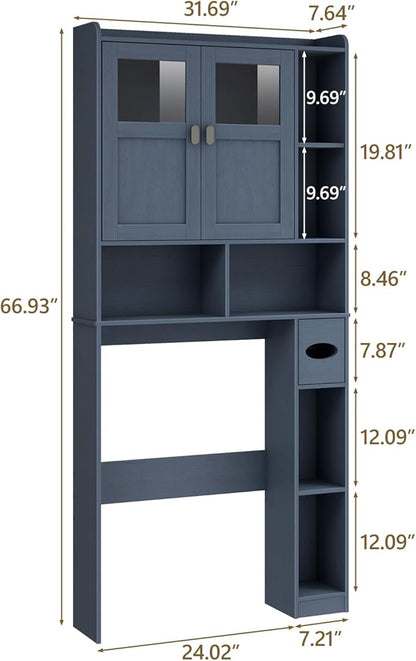 Vabches Over The Toilet Storage Cabinet, Bathroom Shelf Over Toilet with Glass Doors and Adjustable Shelves, Navy Blue Freestanding Home Space Save Toilet Rack, for Restroom, Bathroom, Laundry