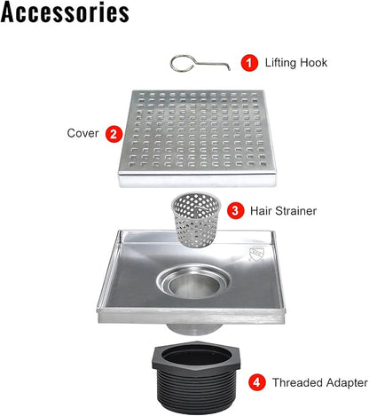 SaniteModar Square Shower Drain 6 inch Brushed with Square Hole Cover | 304 Stainless Steel Brushed Shower Drain with Hair Catcher and Threaded Adapter