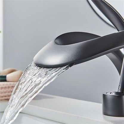Faucet Modern Brass Bathroom Basin Faucet with Waterfall Spout Deck Mount Hot Cold Water Mixer Tap Durable Construction(Gold) Faucet