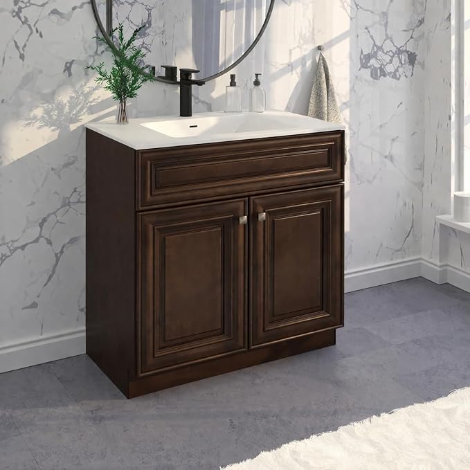 36" Maple Walnut Bathroom Vanity Base – Ready-to-Assemble Sink Cabinet, Freestanding Bathroom Vanity Base Only, No Top or Sink