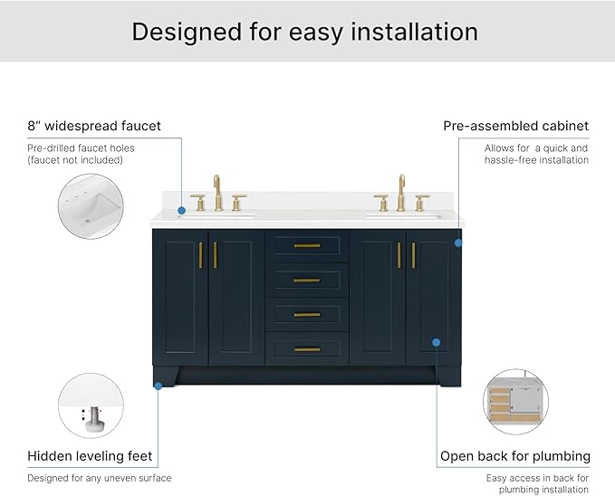 ARIEL Taylor 66-inch Bathroom Vanity with Sink,Solid Wood, 1.5-inch Pure White Quartz Countertop, Double Rectangular Porcelain Sink, 4 Soft Closing Doors, 5 Dovetail Drawers, Midnight Blue