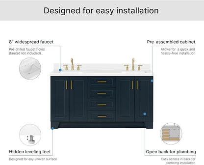 ARIEL Taylor 66-inch Bathroom Vanity with Sink,Solid Wood, 1.5-inch Pure White Quartz Countertop, Double Rectangular Porcelain Sink, 4 Soft Closing Doors, 5 Dovetail Drawers, Midnight Blue