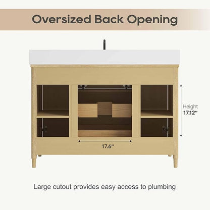 48 Inch Bathroom Vanity with Sink, Quartz Top, Light Oak | Modern Pre Assembled Single Sink Bathroom Vanity, Freestanding Bathroom Storage Cabinet, Soft Close Doors, Dovetail Drawers