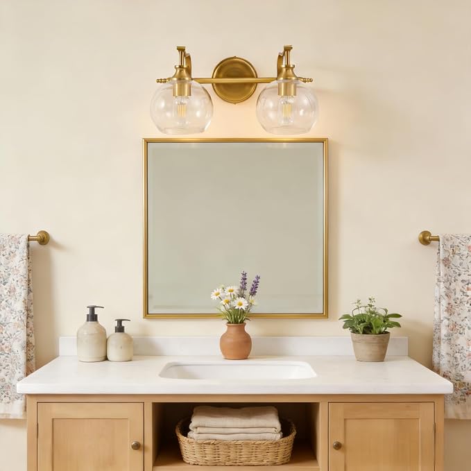 Gold Bathroom Light Fixtures, 2-Light Brass Vanity Light, Modern Sconces with Globe Clear Lampshade, Farmhouse Bathroom Lighting Fixtures Over Mirror with Metal Lamp Body, E26 Base