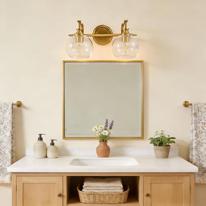 Gold Bathroom Light Fixtures, 2-Light Brass Vanity Light, Modern Sconces with Globe Clear Lampshade, Farmhouse Bathroom Lighting Fixtures Over Mirror with Metal Lamp Body, E26 Base