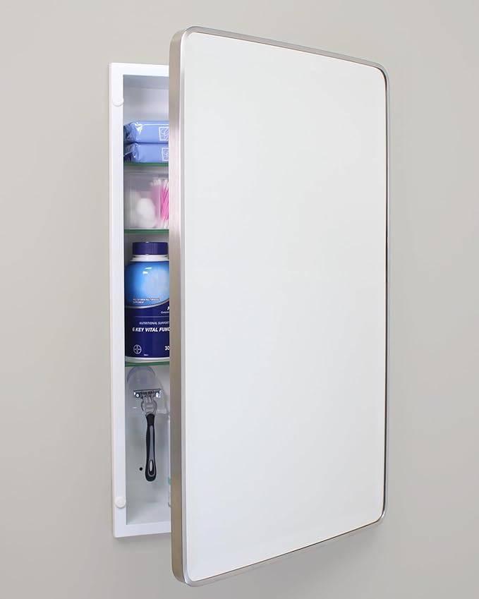 16x26 Austin Farmhouse Metal Framed Rounded Rectangle Recessed Bathroom Medicine Cabinet, Beveled Mirror, 14x24 in-Wall Opening, powder-coated Steel, Glass Shelves, Magnet Close, Brushed Nickel