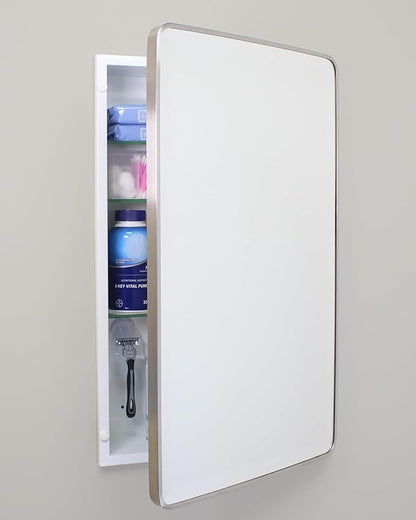16x26 Austin Farmhouse Metal Framed Rounded Rectangle Recessed Bathroom Medicine Cabinet, Beveled Mirror, 14x24 in-Wall Opening, powder-coated Steel, Glass Shelves, Magnet Close, Brushed Nickel