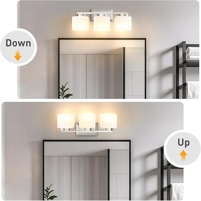 3-Light Bathroom Light Fixtures - Brushed Nickel Bathroom Vanity Lights with Glass Shade Modern Bathroom Lighting Fixtures Over Mirror - Wall Sconce Lamps for Bedroom,Living Room,Hallway