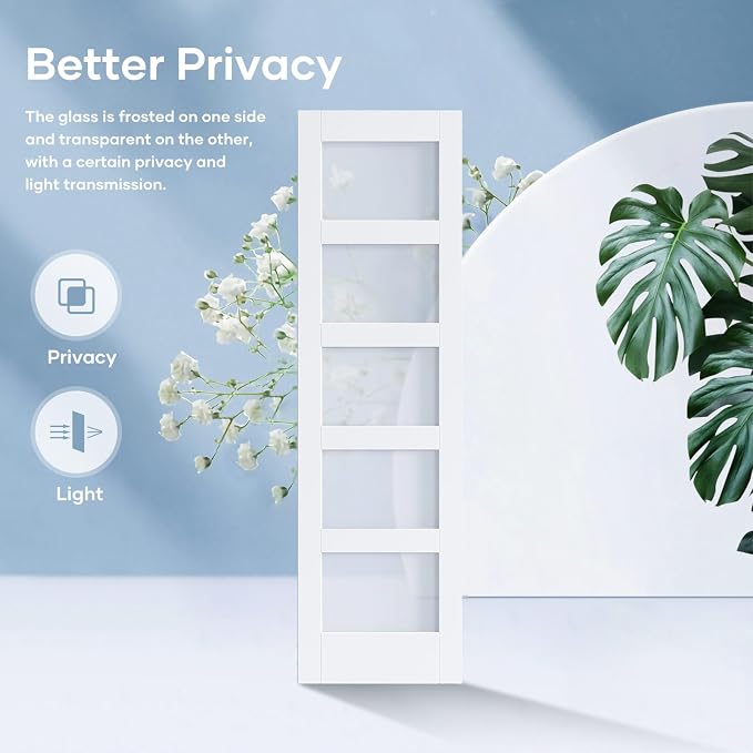Double 24×84 Inch Glass Barn Door Slab and 8ft Hardware Kit Included, 5 Frosted Glass, LVL Wood Panel Covered with White Water-Proof Scratch-Proof PVC Surface, Simple DIY Assembly