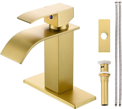 Gold Bathroom Faucet, Modern Single Hole Waterfall Spout Sink Faucet, Brushed Gold With Drain Assembly and Hose