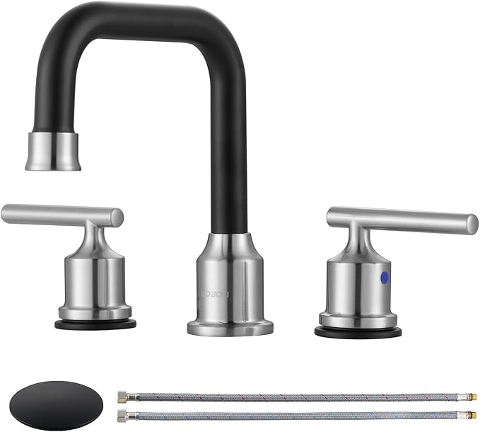 WOWOW 8 Inch Bathroom Faucet 3 Hole, Widespread Vanity Sink Faucets | Copper Inlet Brushed Nickel Black Faucet for Bathroom Sink with Swivel Spout, Lavatory Tap with Drain and Supply Line