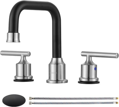 WOWOW 8 Inch Bathroom Faucet 3 Hole, Widespread Vanity Sink Faucets | Copper Inlet Brushed Nickel Black Faucet for Bathroom Sink with Swivel Spout, Lavatory Tap with Drain and Supply Line