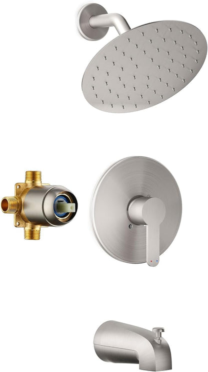 Tub Shower Faucet, Brushed Nickel Shower Faucet Set with 8-Inch All-Metal Rainfall Showerhead and Bathtub Spout, Single-Handle Tub Shower-Trim Kit Included Valve, Brushed Nickel