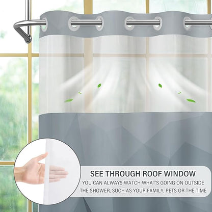 No Hook Shower Curtain with Snap in Liner Set, Grey, 71x86 | Waterproof Fabric for Bathroom, Modern Hotel Style Ombre Design, Mesh Top Window, Machine Washable, Quick Install