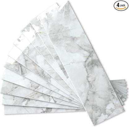 AULIGET Polished White Marble Peel and Stick Backsplash Wall Tiles, 3" x 12" PVC Faux Stone Stick on Tiles for Backsplash Kitchen, 4
