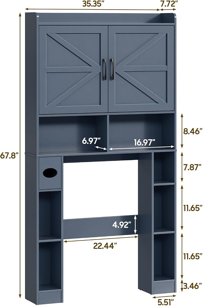 Vabches Over The Toilet Storage Cabinet with Barn Doors, Blue | Toilet Cabinet Rack, Space Saving Bathroom Organizer with Shelves, Toilet Paper Holder and Towel Rack for Bathroom,Laundry.