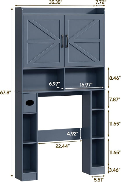 Vabches Over The Toilet Storage Cabinet with Barn Doors, Blue | Toilet Cabinet Rack, Space Saving Bathroom Organizer with Shelves, Toilet Paper Holder and Towel Rack for Bathroom,Laundry.
