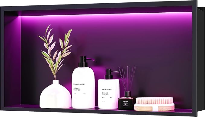 RGB LED Light Shower Niche, Matte Black 24X12 in Stainless Steel Recessed Storage with Remote Control, Waterproof No Tile Needed Wall Niche for Bathroom Storage Built-in Installation