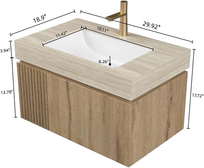 30" Bathroom Vanity with Sink, Wall-Mounted Plywood Bathroom Storage Cabinet with Ceramic Basin & Sintered Stone Countertop, Modern Pre-Assembled Floating Vanity with Drawer & Door, Oak