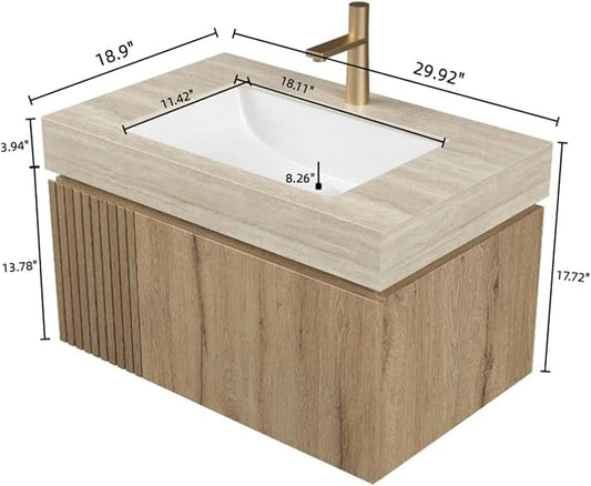 30" Bathroom Vanity with Sink, Wall-Mounted Plywood Bathroom Storage Cabinet with Ceramic Basin & Sintered Stone Countertop, Modern Pre-Assembled Floating Vanity with Drawer & Door, Oak
