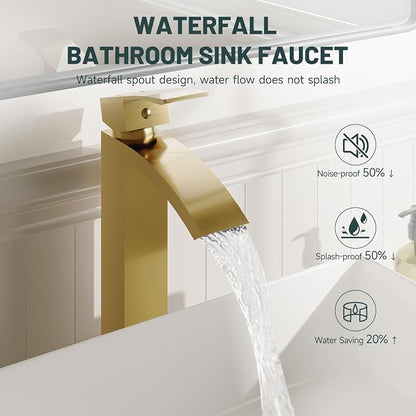 Brushed Gold Vessel Sink Faucet, Waterfall Bathroom Faucets | Brass, Tall Spout, Single Handle 1 Hole Bathroom Faucet, Modern Basin Taps with Supply Line, Pop Up Drain, Without Overflow