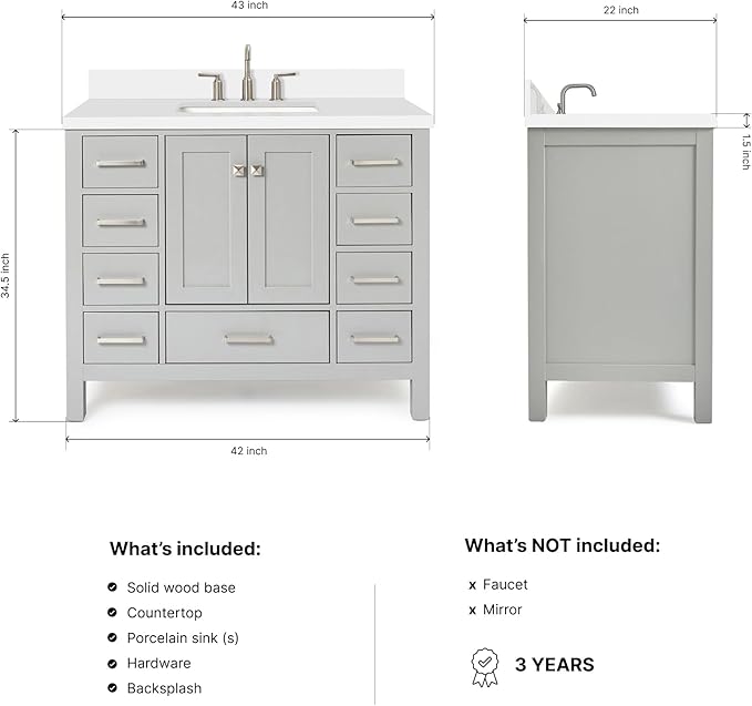 ARIEL Cambridge 42-inch Bathroom Vanity with Sink,Solid Wood, 1.5-inch Pure White Quartz Countertop & Backsplash, Single Rectangular Porcelain Sink, 2 Soft Closing Doors, 9 Dovetail Drawers, Grey
