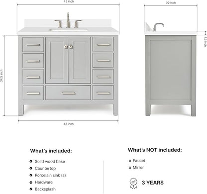 ARIEL Cambridge 42-inch Bathroom Vanity with Sink,Solid Wood, 1.5-inch Pure White Quartz Countertop & Backsplash, Single Rectangular Porcelain Sink, 2 Soft Closing Doors, 9 Dovetail Drawers, Grey