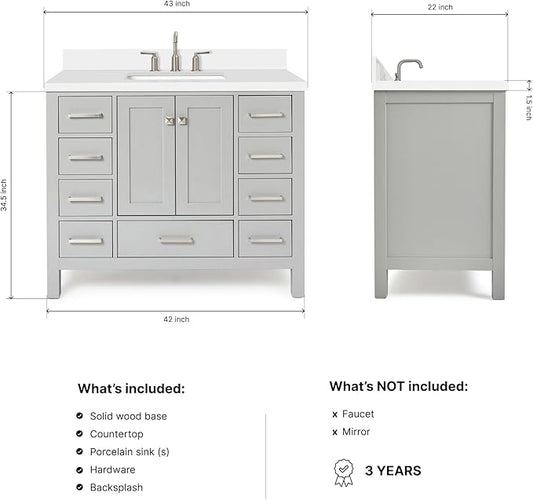 ARIEL Cambridge 42-inch Bathroom Vanity with Sink,Solid Wood, 1.5-inch Pure White Quartz Countertop & Backsplash, Single Rectangular Porcelain Sink, 2 Soft Closing Doors, 9 Dovetail Drawers, Grey