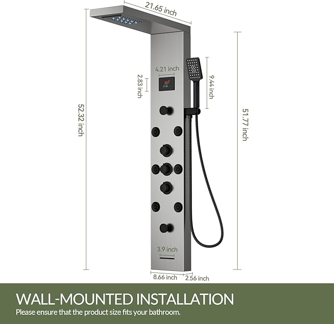 5 In 1 Shower Panel Tower System, 304 Stainless Steel LED Rainfall Shower Head with 8 Massage Body Jets, 3 Functions Handheld Head and Tub Spout for Home Hotel Bathroom Lavatory, Brushed Nickel