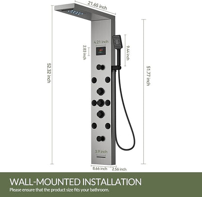 5 In 1 Shower Panel Tower System, 304 Stainless Steel LED Rainfall Shower Head with 8 Massage Body Jets, 3 Functions Handheld Head and Tub Spout for Home Hotel Bathroom Lavatory, Brushed Nickel