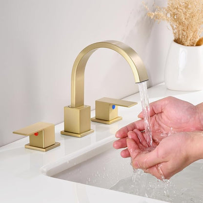 Widespread Brushed Gold Bathroom Faucets, Waterfall Golden Stainless Steel Bathroom Faucet for Sink 3 Hole, Vanity Lavatory Faucets with Drain & Water Hoses, 8 Inch, Lead-Free, 360° Swivel