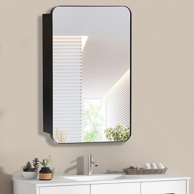 Bathroom Medicine Cabinet with 20x30 Inch Black Framed, Wall Cabinet with Mirror, Modern Surface Mount or Recessed Mounted, Medicine Cabinet with Storage for Bathroom
