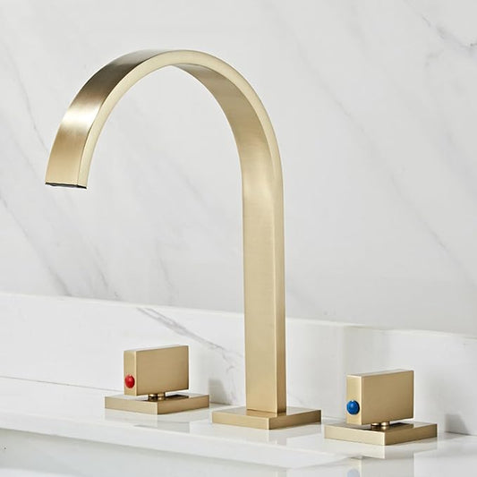 Bathroom Basin Mixer Faucet 3 Hole Brass Hot and Cold Water Double Handle 3 Hole Basin Faucets-Brushed Gold
