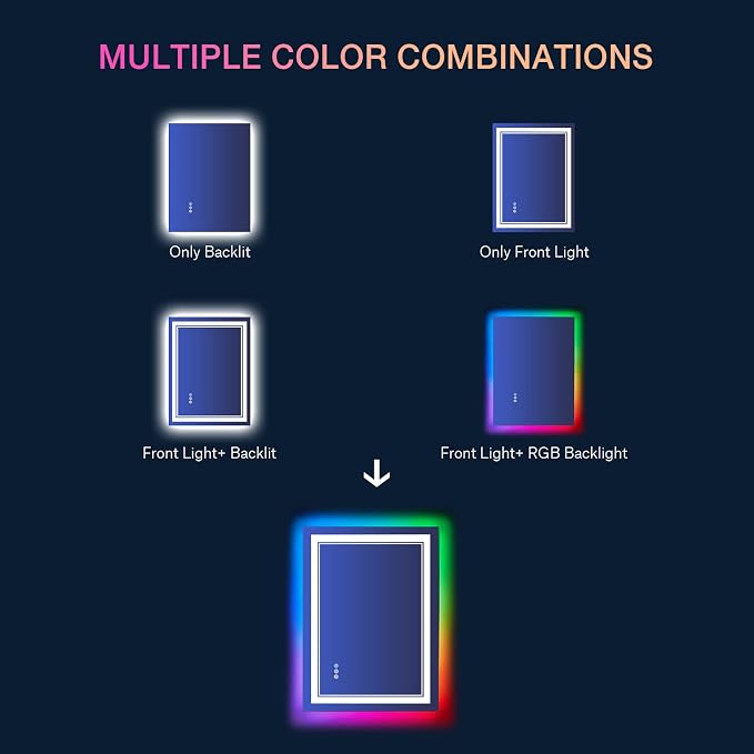 24x32 Inch RGB LED Bathroom Mirror with Lights | Front and RGB Backlit, Dimmable, Memory, Anti Fog, Shatterproof, Horizontal/Vertical, Lighted Mirrors for Bathroom Wall
