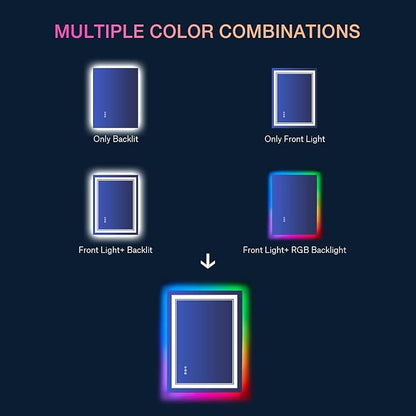 24x32 Inch RGB LED Bathroom Mirror with Lights | Front and RGB Backlit, Dimmable, Memory, Anti Fog, Shatterproof, Horizontal/Vertical, Lighted Mirrors for Bathroom Wall