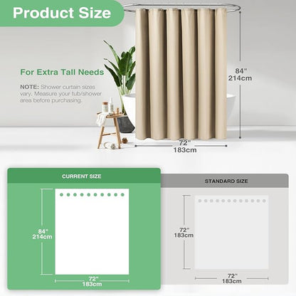 Extra Long Waffle Shower Curtain 256 GSM Fabric 72x84 Beige/Khaki | 84 Inch Long, Thick Cloth, Weighted Hem, Water Repellent, Tall Hotel Luxury Polyester Shower Curtains for Bathroom 12 Hooks