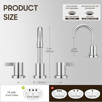 Phiestina Widespread 3 Hole Bathroom Sink Faucet, 8 Inch Chrome Finish, Modern Vanity Faucet with Metal Pop Up Drain, WF015-1-C