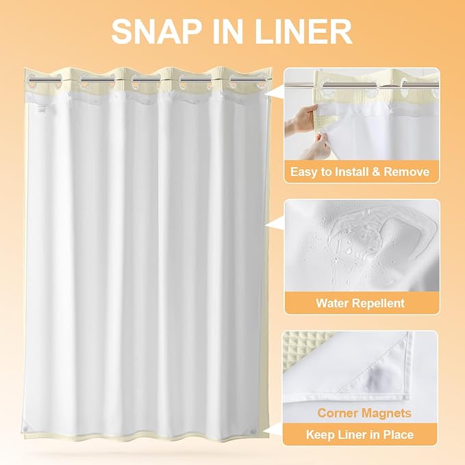 River Dream Cotton Blend No Hook Shower Curtain with Liner, Cream, 71x74 | with Snap in Liner, Heavyweight Waffle Fabric, Hotel Grade for Bathroom, Water Repellent, Corner Magnets, Machine Washable