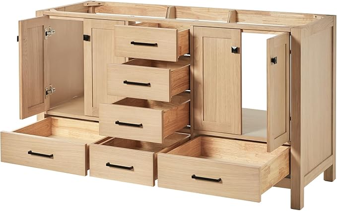 ARIEL Cambridge 60-inch Bathroom Vanity Base Cabinet,Solid Wood, 4 Soft Closing Doors, 6 Dovetail Drawers, White Oak