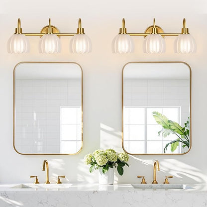 3-Light Bathroom Vanity Light, 20" Brushed Gold Bathroom Light Fixtures with Ribbed Frosted Clear Tulip Glass Shade, Vanity Lighting Fixtures Over Mirror for Bedroom Living Room Hallway