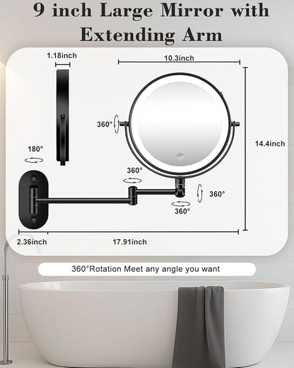 9'' 30X/1X Wall Mounted Height Adjustable Lighted Magnifying Makeup Mirror | 5000mAh Rechargeable Bathroom Mirror with 3 Color Modes Light, Extended Arm Space Saving for Apartment, Hotel, Rental House