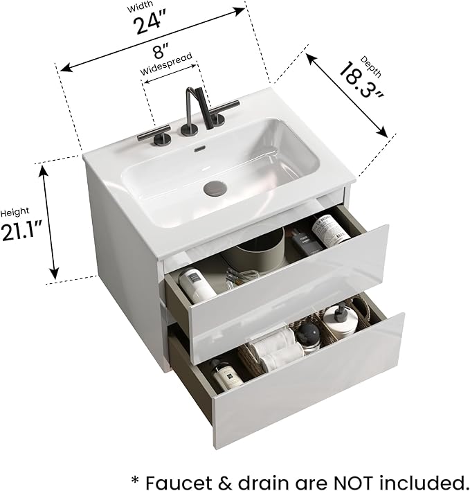 24" Bathroom Vanity with Sink, Modern Floating Vanity with Double Soft Closing Drawers, Large Storage for Small Space, Glossy White, Fully Assembled - Iris Collection