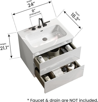24" Bathroom Vanity with Sink, Modern Floating Vanity with Double Soft Closing Drawers, Large Storage for Small Space, Glossy White, Fully Assembled - Iris Collection