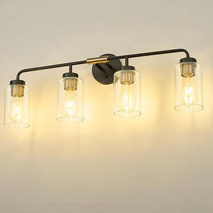zeyu Farmhouse 4-Light Bathroom Vanity Light, 30 Inch Bathroom Lights Over Mirror, Black and Gold Finish with Clear Glass, ZS62B-4W BK+BG