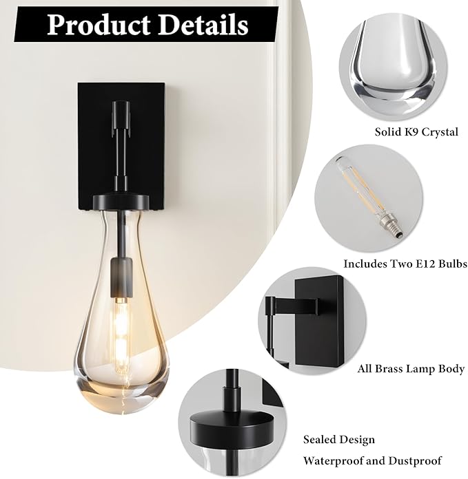 Raindrop Brass Crystal Wall Sconce: Set of 2 Clear Solid Indoor Sconces with Bulbs - Dimmable Vanity Lamp - Luxury Modern Black Light Fixtures for Bedroom Living Room Bathroom Hallway Bedside Lighting