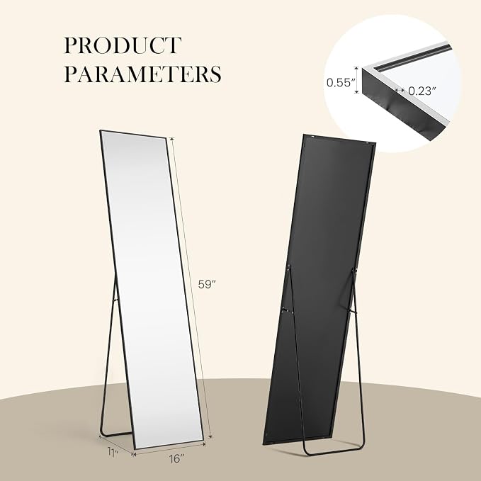 NEWBULIG Mirror Full Length, 16"x59" Body Wall Mirrors with Shatter-Proof Glass, Upgraded Floor Standing Mirror, Hanging or Leaning, with Stand Aluminum Alloy Frame for Home Decor, Bedroom, Black | Hanging or Leaning, Shatter-Proof Glass, Aluminum Allo...